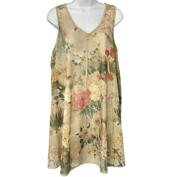 Vintage 90s Beige Pink Green Floral Roses Sheer Coquette Lingerie Dress size L - Picture 1 of 8
